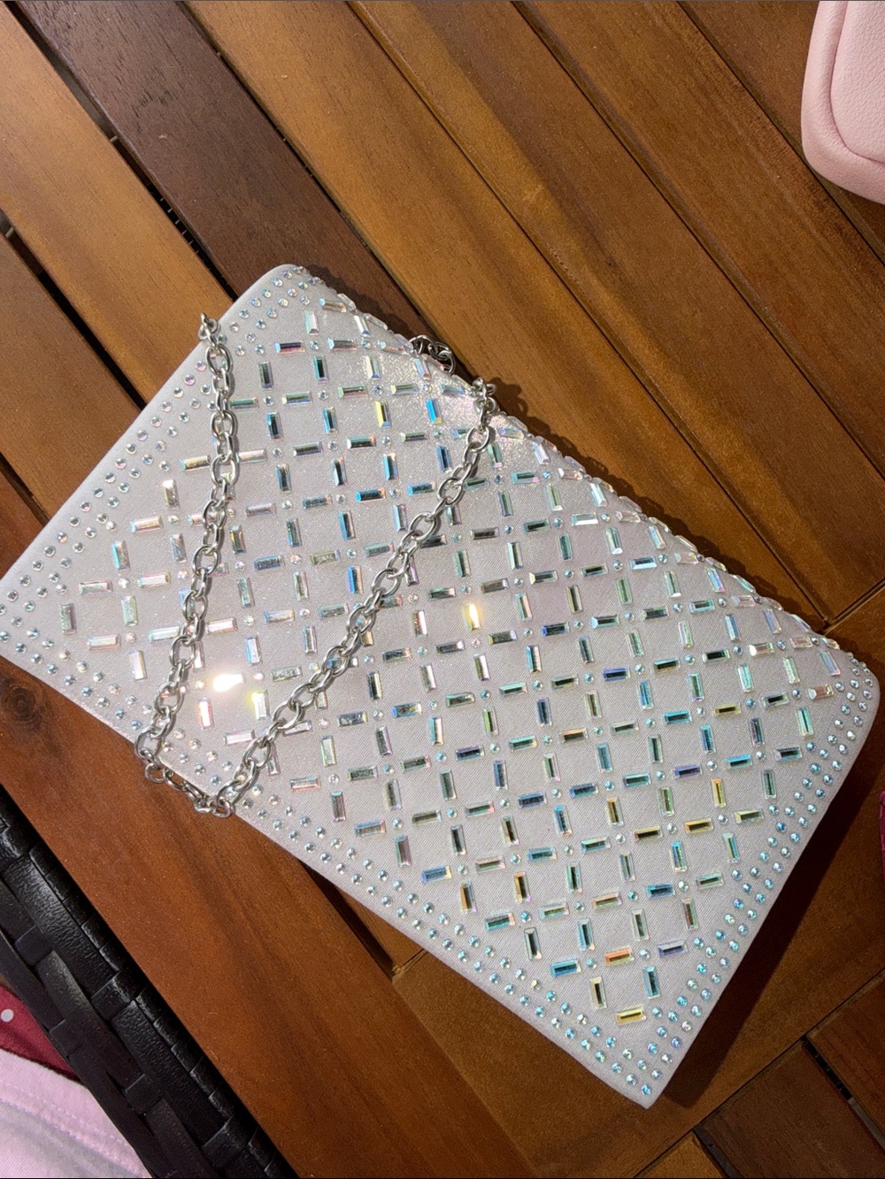 Jessica McClintock White Crystal-Studded Clutch with Silver Chain
